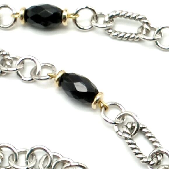 Black Acrylic Faceted Beaded Silver-tone Figaro Chain Necklace - Picture 8 of 15